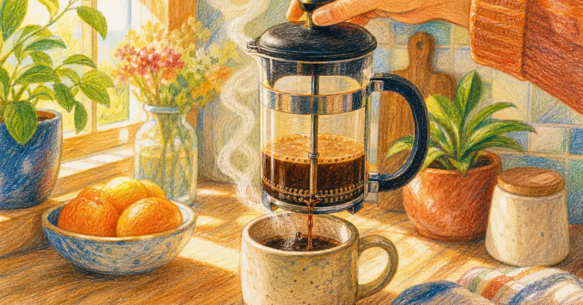 Best AeroPress models of 2026 — pencil-crayon illustration of a manual coffee press brewer on a kitchen countertop with steam rising into a ceramic mug