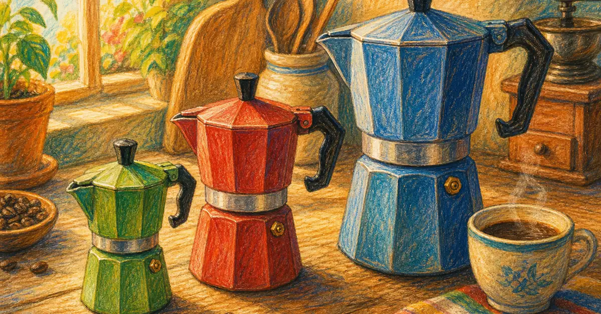 Best moka pots of 2026 — collection of stovetop espresso makers in different sizes on a wooden kitchen surface