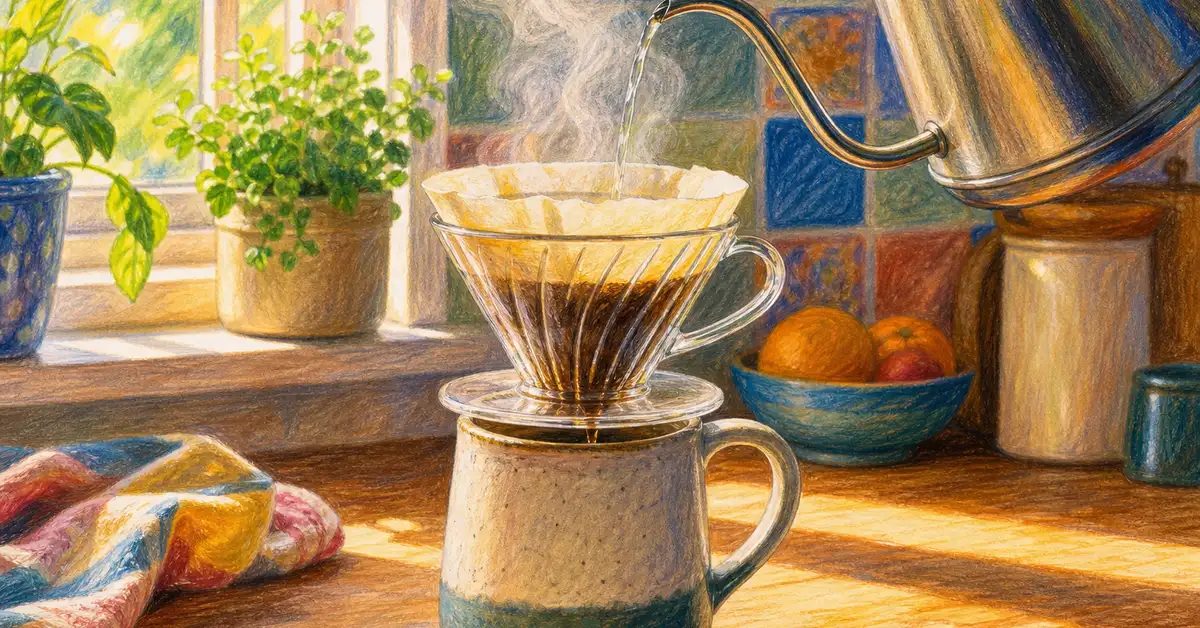 Best pour-over coffee maker of 2026 — pencil-crayon illustration of a glass dripper on a ceramic mug with a gooseneck kettle pouring hot water, morning kitchen light
