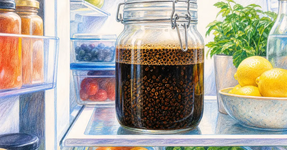 Large glass jar of cold brew concentrate steeping in a refrigerator with coarsely ground coffee visible through the glass