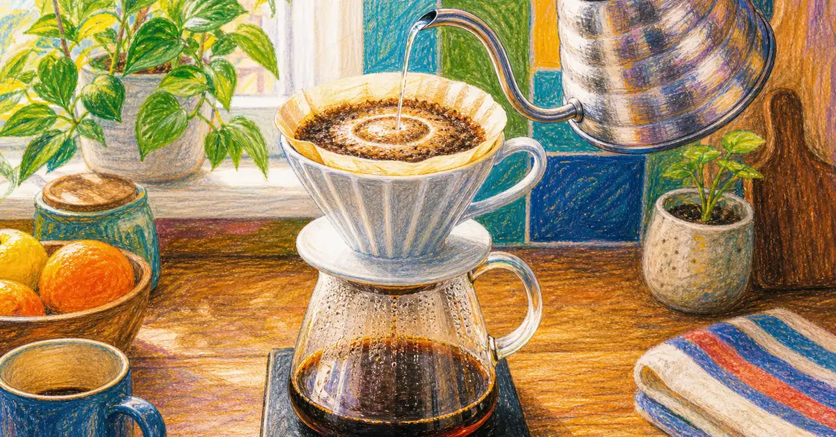 Pour-over coffee dripper on a glass carafe with a gooseneck kettle pouring water in a slow spiral over coffee grounds