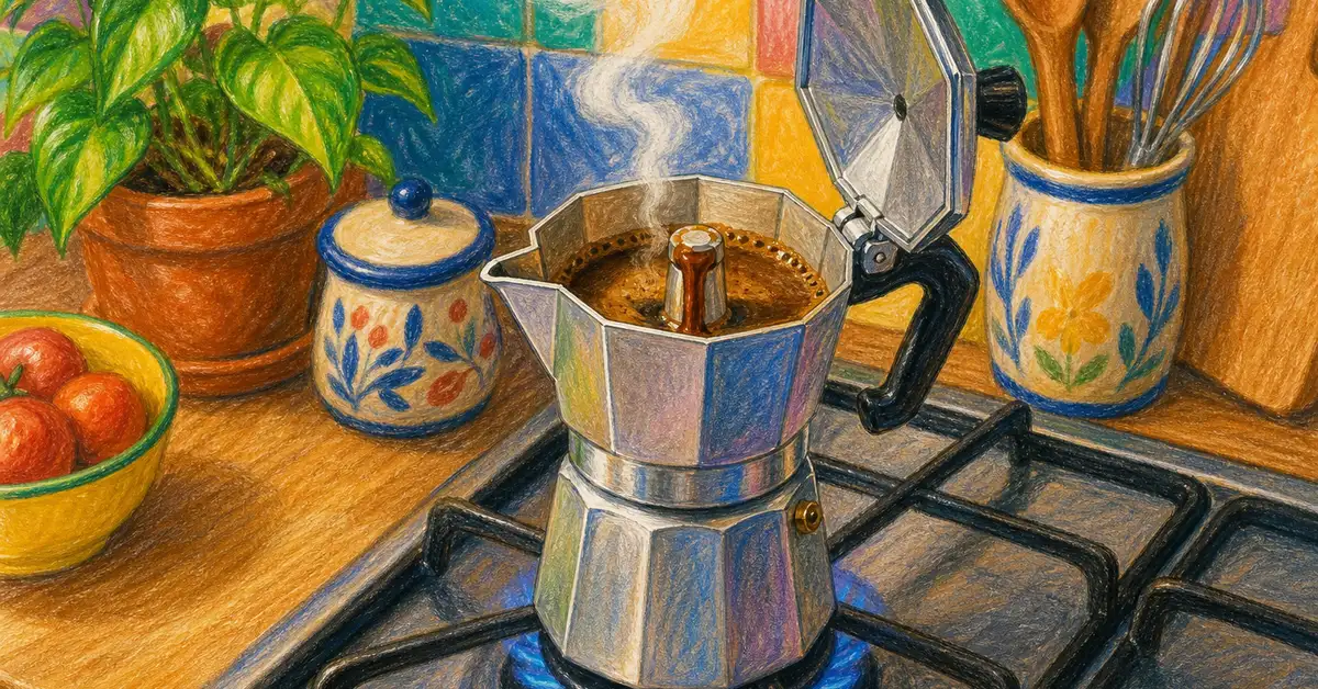 Moka pot brewing on a gas stove with steam rising as coffee begins to pour into the top chamber