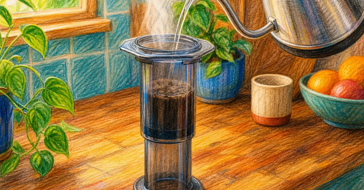 AeroPress coffee maker in inverted position being filled with hot water from a gooseneck kettle on a wooden kitchen counter
