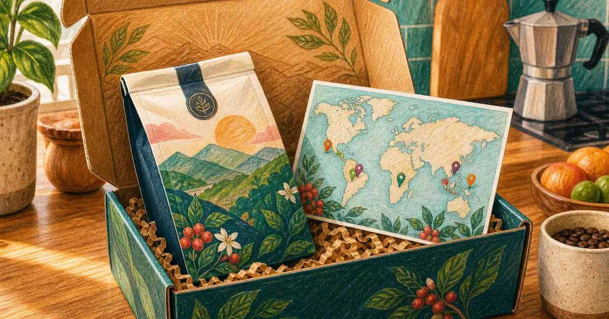 Pencil-crayon illustration of an Atlas Coffee Club subscription box open on a kitchen counter revealing a bag of single-origin coffee beans and a world map origin postcard