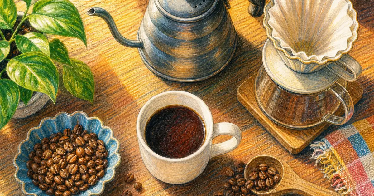 Overhead flat lay of specialty whole coffee beans with a gooseneck kettle, pour-over dripper, and white ceramic mug on a warm wooden surface