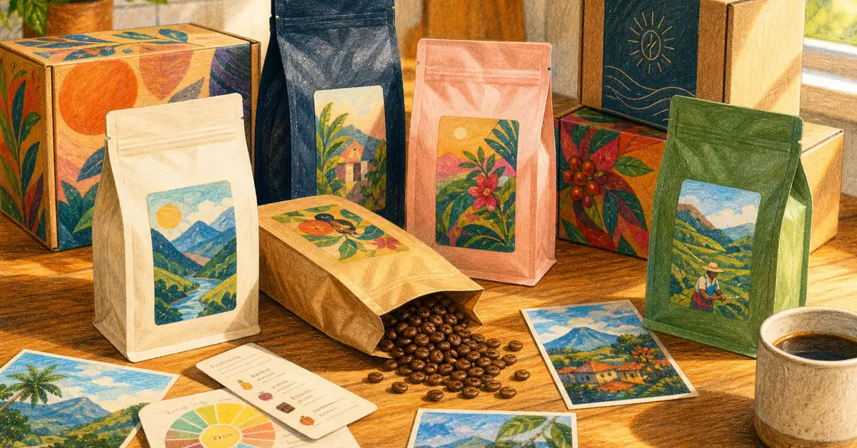 Best coffee subscriptions 2026 — specialty subscription bags and boxes on a wooden kitchen counter with whole beans and origin notes