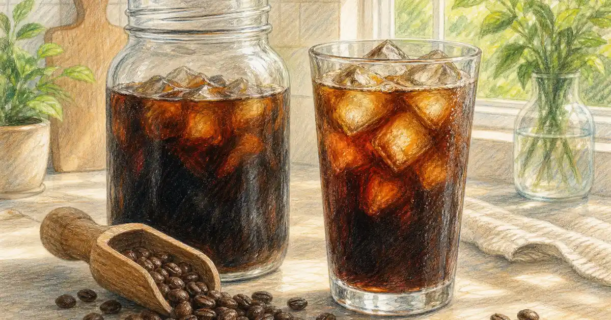 Pencil-crayon illustration of a jar and glass of iced cold brew beside dark-roast coffee beans — Café Grade best coffee beans for cold brew