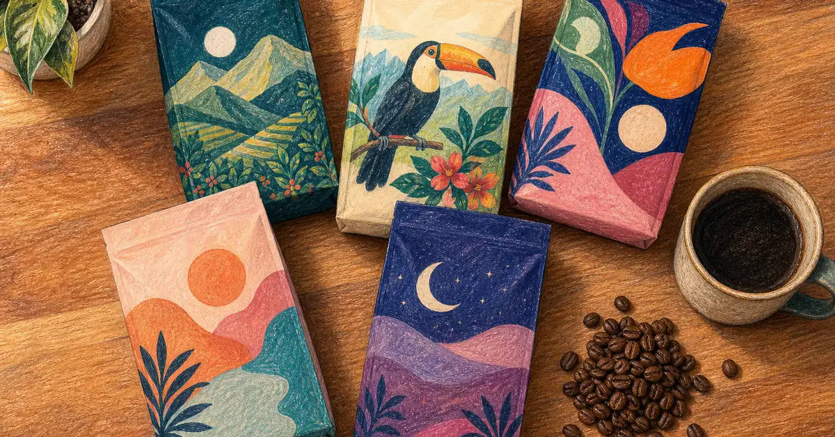 Flat lay of specialty decaf coffee bean bags on a wooden counter with roasted beans and a ceramic mug — Café Grade best decaf coffee beans 2026