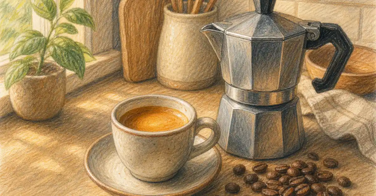 Pencil-crayon illustration of a cup of espresso with crema beside coffee beans and a moka pot — Café Grade best decaf coffee for espresso