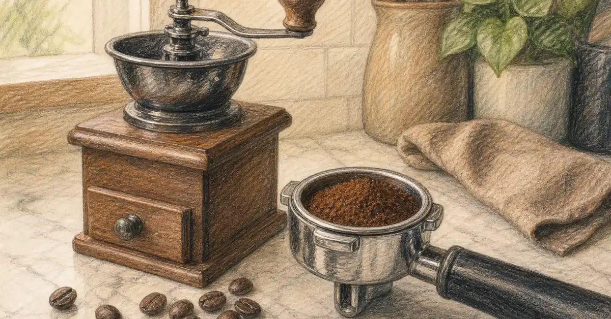 Pencil-crayon illustration of a manual coffee grinder beside an espresso portafilter with fine grounds — Café Grade best espresso grinder under $100