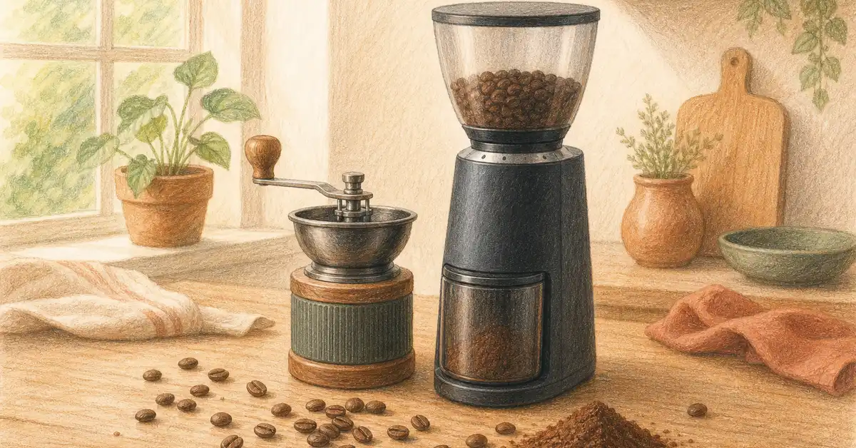 Pencil-crayon illustration of a conical burr coffee grinder and a hand grinder on a kitchen counter with whole beans — Café Grade best coffee grinders under $100