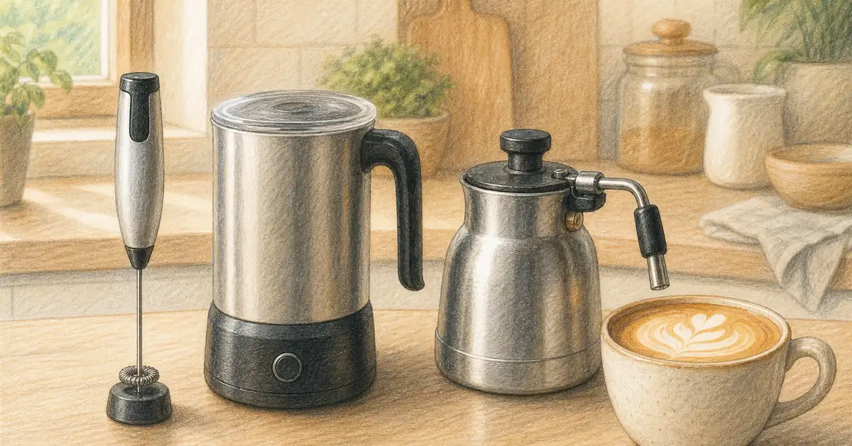 Pencil-crayon illustration of a handheld wand frother, electric jug frother, and stovetop steam wand on a kitchen counter beside a latte with foam art — Café Grade best milk frothers 2026