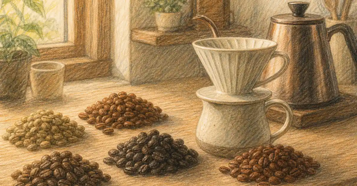 Pencil-crayon illustration of piles of single-origin coffee beans beside a pour-over dripper and kettle — Café Grade best single-origin coffee beans