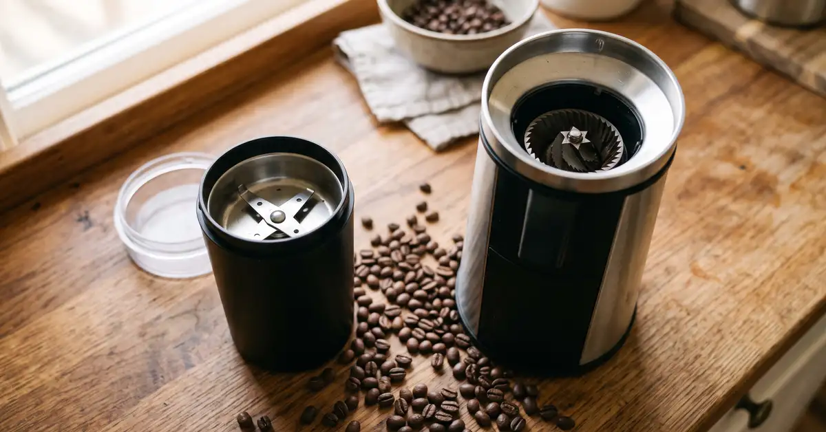 Generic blade grinder and burr grinder side by side on a kitchen counter with whole coffee beans — Café Grade blade vs burr grinder comparison
