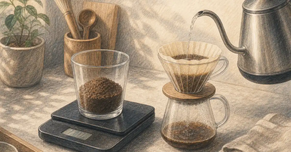 A kitchen scale with ground coffee beside a gooseneck kettle and pour-over dripper — Café Grade coffee-to-water ratio guide