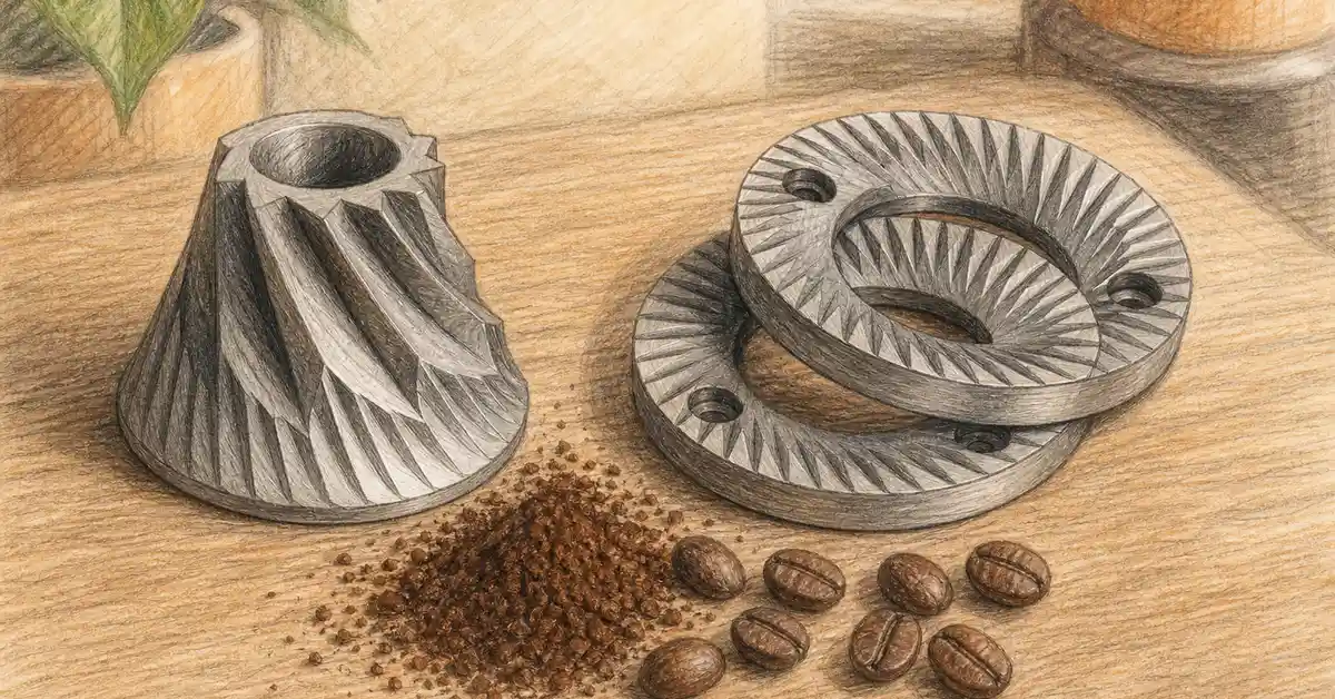 Illustration comparing a conical coffee burr and flat ring burrs side by side — Café Grade conical vs flat burr grinder