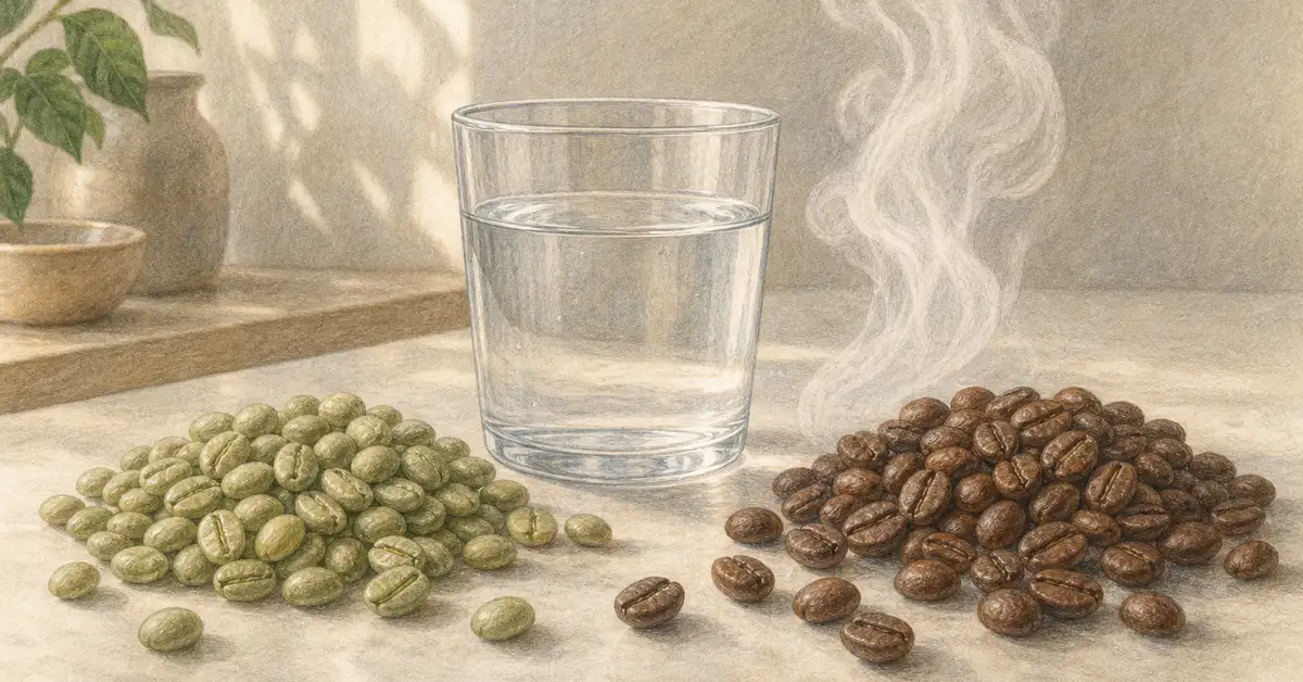 Green and roasted coffee beans beside a glass of water and steam, illustrating water-based decaffeination — Café Grade decaf processes