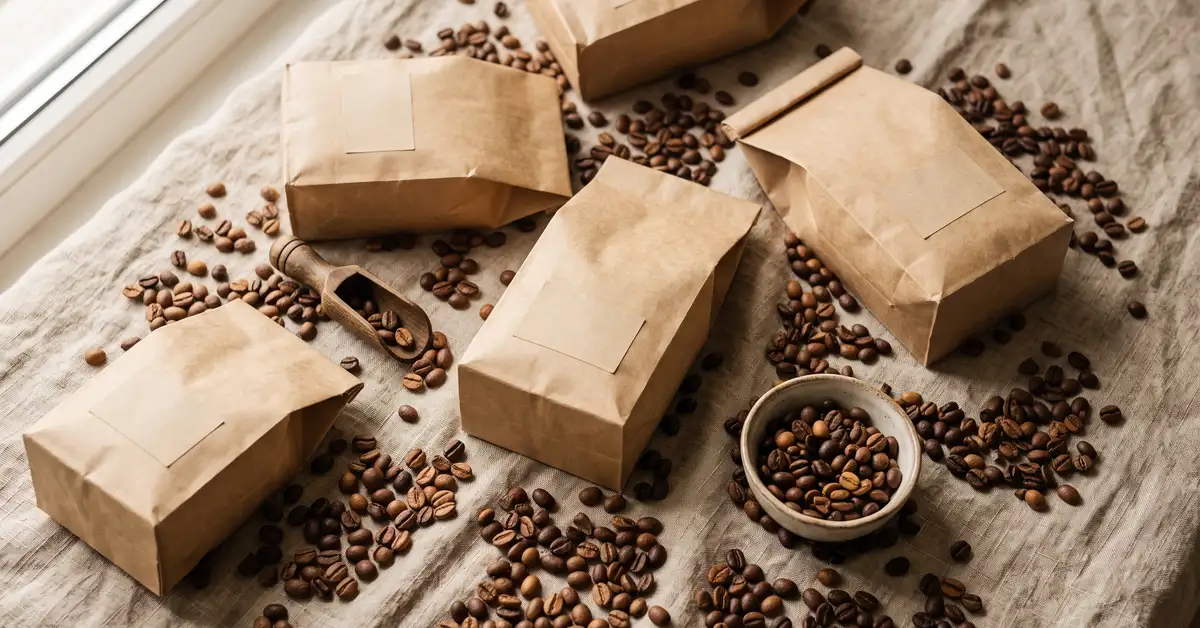 Assorted whole coffee beans and blended roasts on a kitchen counter — Café Grade best coffee blends