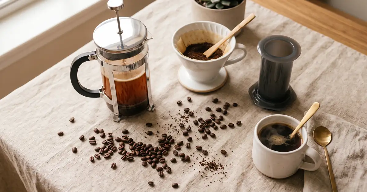 Compact manual coffee brewers arranged on a kitchen counter as AeroPress alternatives — Café Grade