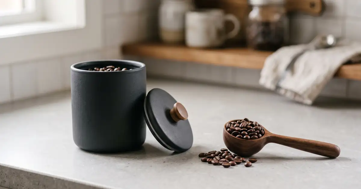 Airtight opaque coffee canister beside whole beans on a kitchen counter — Café Grade how to store coffee beans