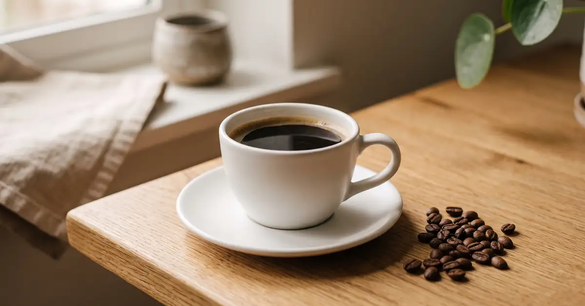Cup of decaf coffee beside coffee beans — Café Grade guide to caffeine in decaf coffee