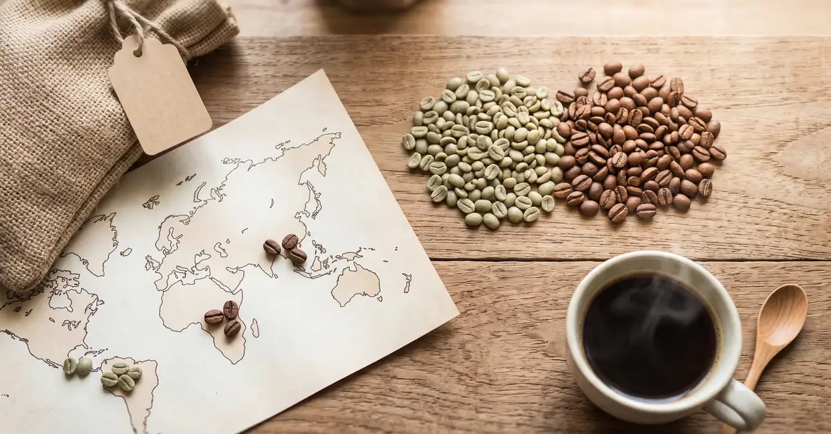 Single-origin coffee beans with an origin illustration — Café Grade explainer on single-origin coffee