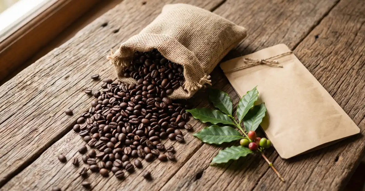 Bags of organic whole-bean coffee on a wooden counter — Café Grade best organic coffee beans