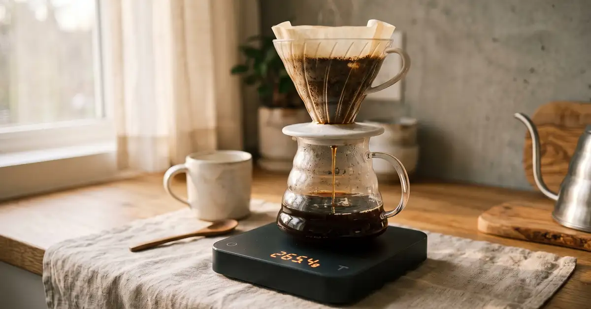 Digital coffee scale on a kitchen counter beside a pour-over dripper and glass carafe