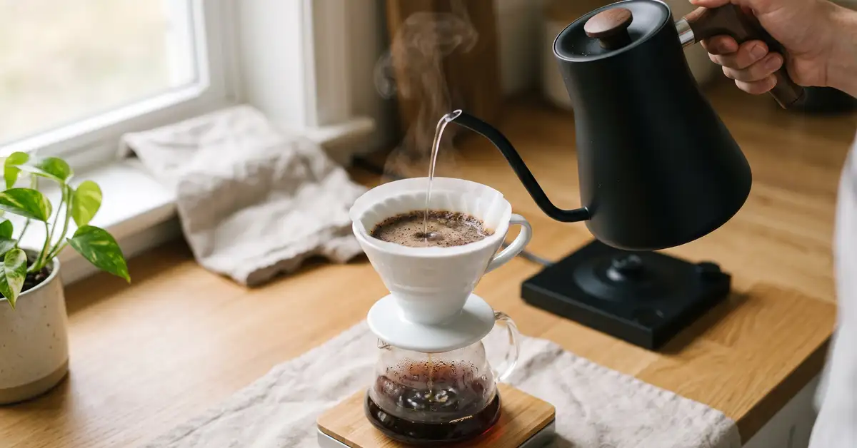 Electric gooseneck kettle pouring a controlled stream of water over a pour-over coffee dripper