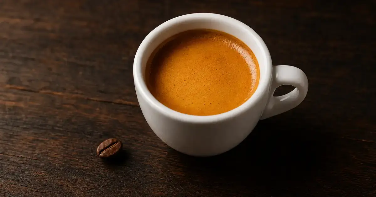 Making espresso at home — a freshly pulled double shot in a white espresso cup