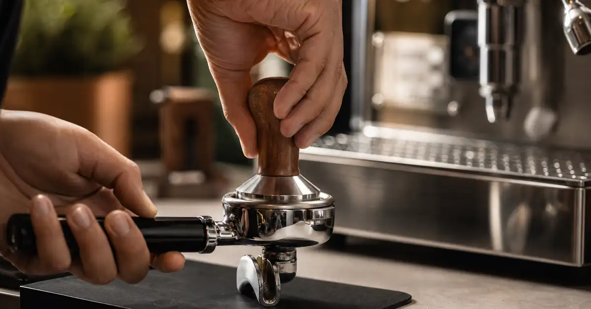 Using a home espresso machine — tamping the portafilter and pulling a fresh espresso shot