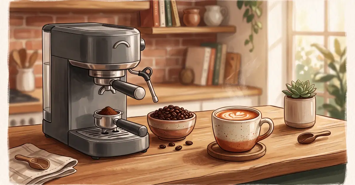 Compact home espresso machine on a kitchen counter with a cup of crema-topped espresso