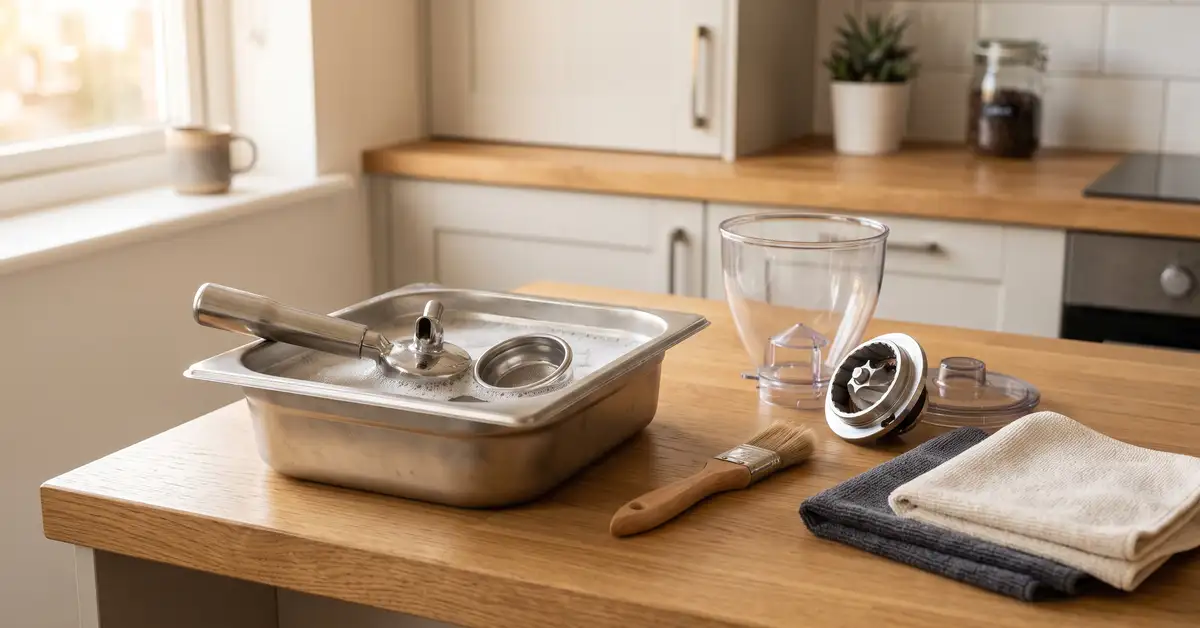 Coffee gear cleaning routine: portafilter soaking, burr grinder brush and cleaning cloths on a kitchen counter